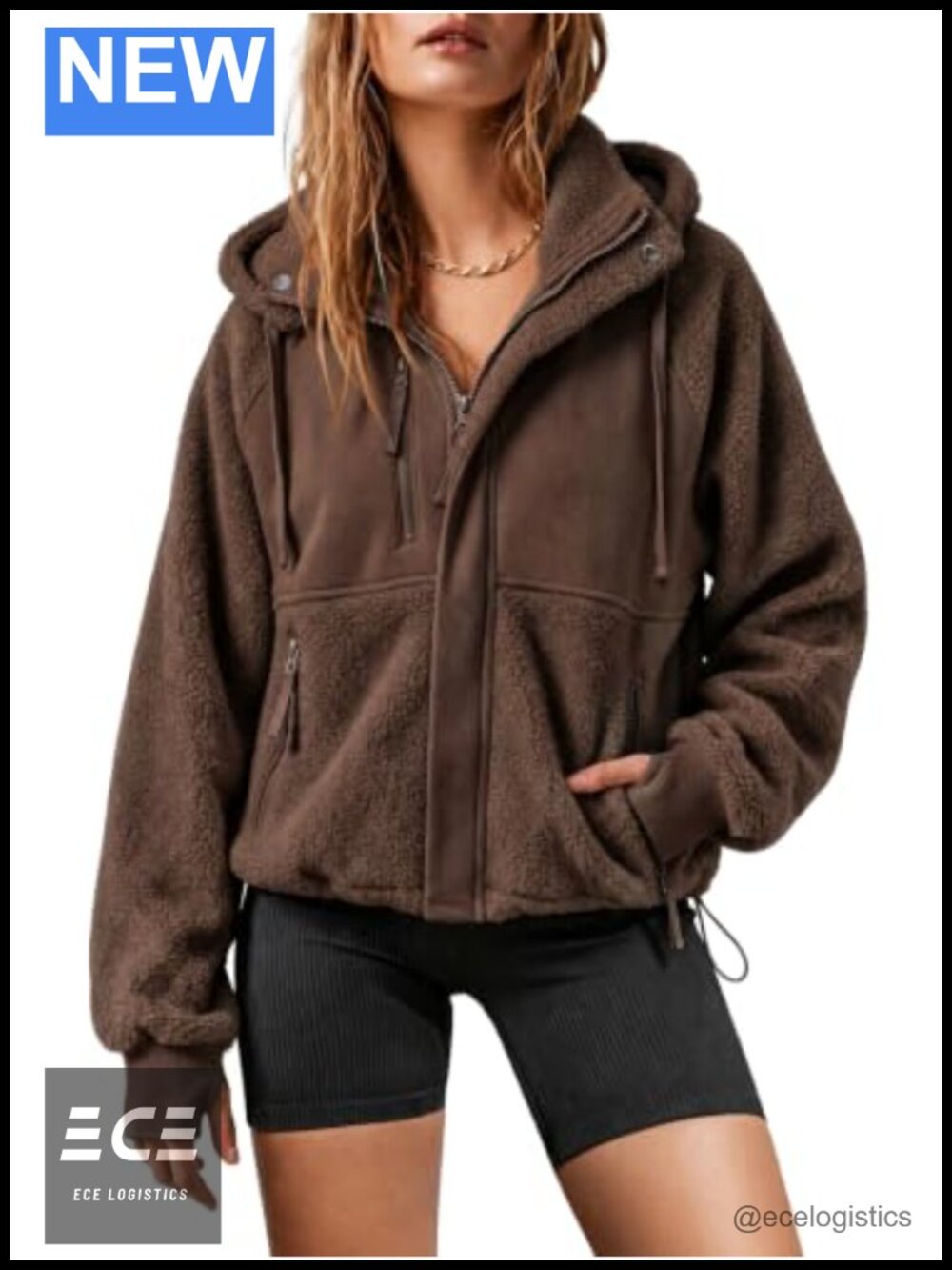 Womens Sherpa Fleece Hooded Zip Up Oversized Casual Jacket